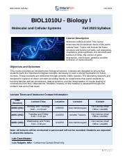 Biology I Molecular And Cellular Systems Fall 2023 Syllabus Course