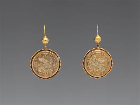 Earrings With Assyrian Human Headed Winged Bulls British Victorian