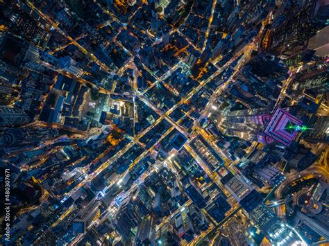 Top down view of Hong Kong city at night Stock Photo | Adobe Stock