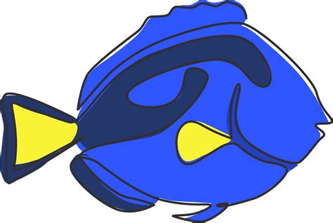 Single one line drawing of funny blue tang fish for aquatic company ...