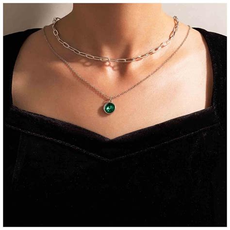 Amazon Yheakne Boho Layered Paperclip Chain Necklace Round Emerald