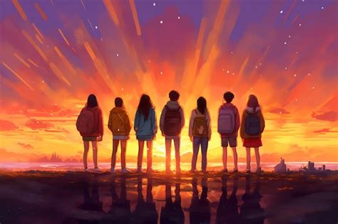 Premium AI Image | A group of kids standing in front of a sunset