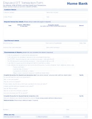 Fillable Online Disputed EFT Transaction Form Humebank Au Fax