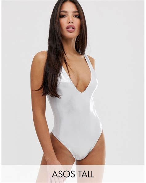 Asos Asos Design Tall Wetlook Metallic Plunge Swimsuit Lyst