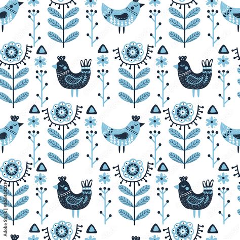 Folk Art Birds In Nordic Style Seamless Pattern Scandinavian Ornament