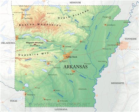 Physical map of Arkansas