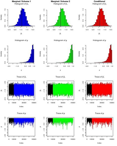 1 Histograms and trace plots for β and ρ under Scenario 1 for each of