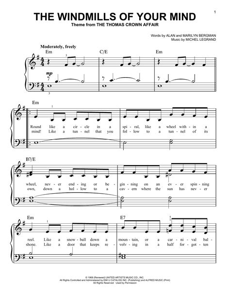 The Windmills Of Your Mind By Michel Legrand Sheet Music For Very Easy