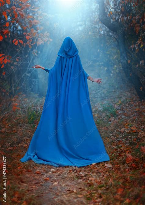 Silhouette Fantasy Woman In Medieval Cloak Cape Hood On Head Lady Queen Walks Along Path In