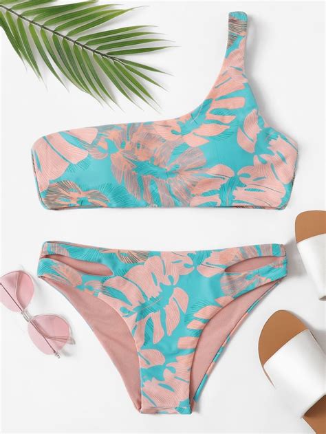 One Shoulder Top With Random Leaf Print Bikini SheIn Sheinside Trendy