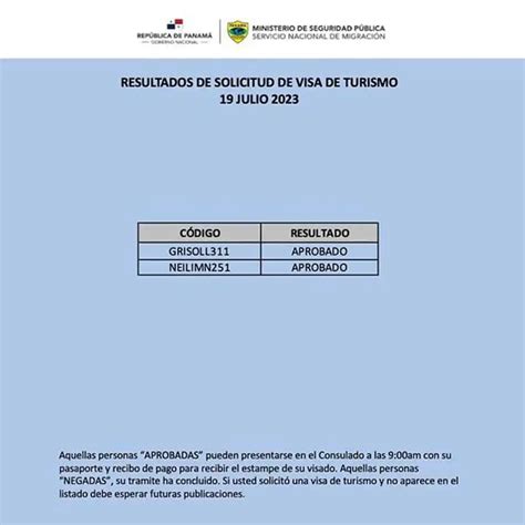 Resultados Visa de Tránsito y Turismo Panamá 19 de Julio 2023