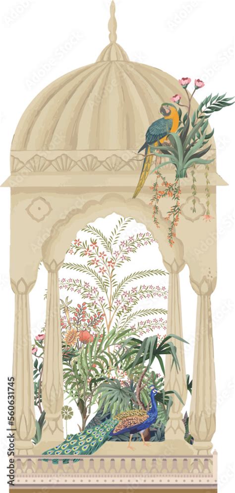 Traditional Indian Mughal Arch Dome Garden Peacock Parrot Plant