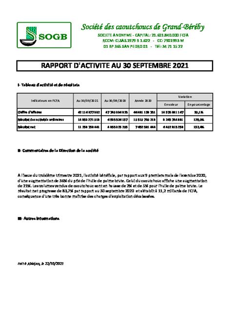 Rapport D Activit Au Me Trimestre Sogb Ci Abidjan Net Documents