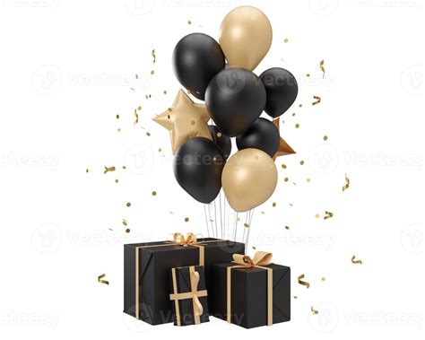 Golden And Black Balloons And Presents Isolated On White Background