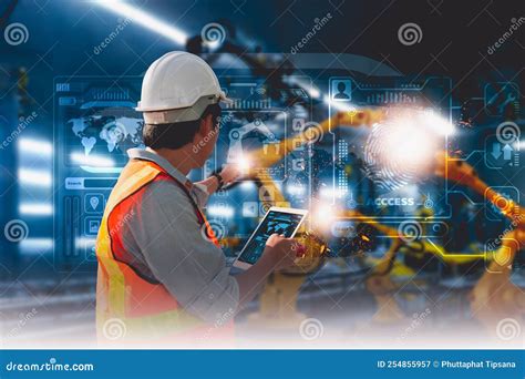 Industry Engineer In Factory Using Smart Tablet Device Control