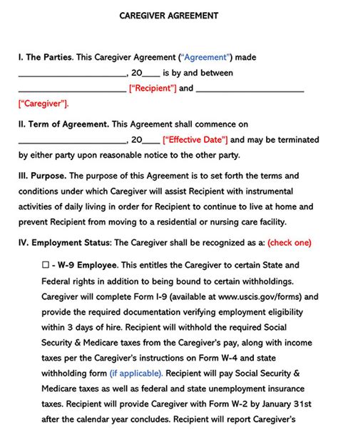 Free Caregiver Contract Template Printable Templates