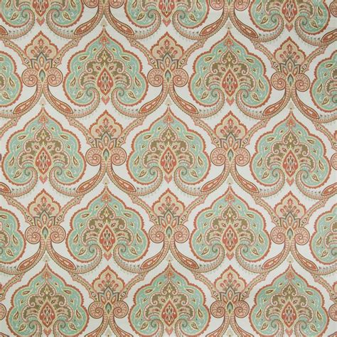 Clay Orange And Teal Medallion Prints Upholstery Fabric By The Yard