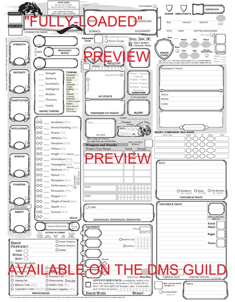 Fully Loaded Character Sheet Dungeon Masters Guild Wargame Vault