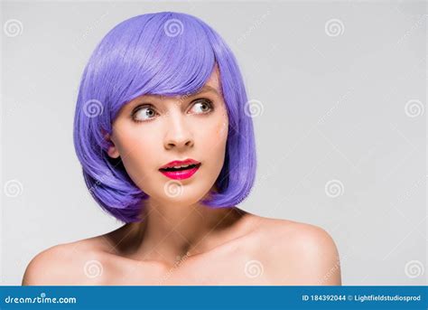 Naked Girl In Purple Wig Isolated On Grey Stock Photo Image Of Model Style