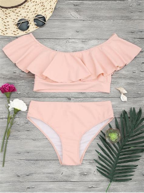 Off Ruffle Off The Shoulder Bikini Set In Orangepink Zaful