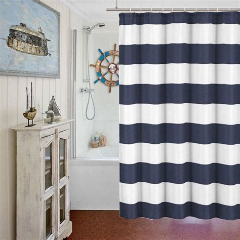 Fabric Shower Curtain Nautical Stripe Design Navy And