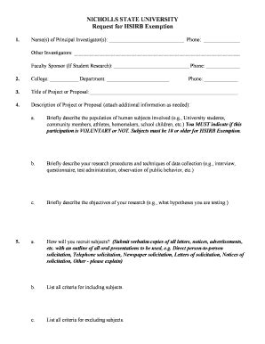 Fillable Online Nicholls Request For HSIRB Exemption Form Pdf