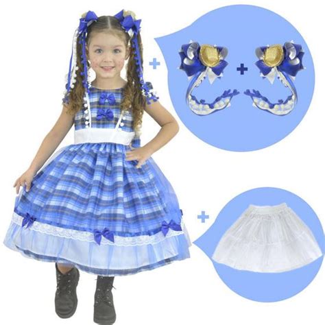 Kit Vestido Infantil Festa Junina S O Joao Quadrilha Xadrez Azul