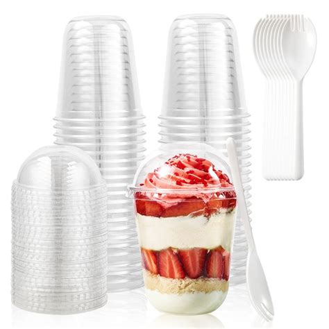 Deluxe 60 Pack 12 Oz Clear Plastic Cups With Dome Lids And Sporks