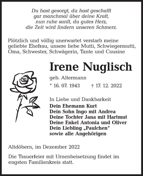 Traueranzeigen Von Irene Nuglisch Lr Online Trauer De