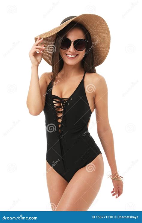 Mujer Atractiva Bonita Con El Cuerpo Delgado En Bikini Elegante En El Fondo Blanco Foto De