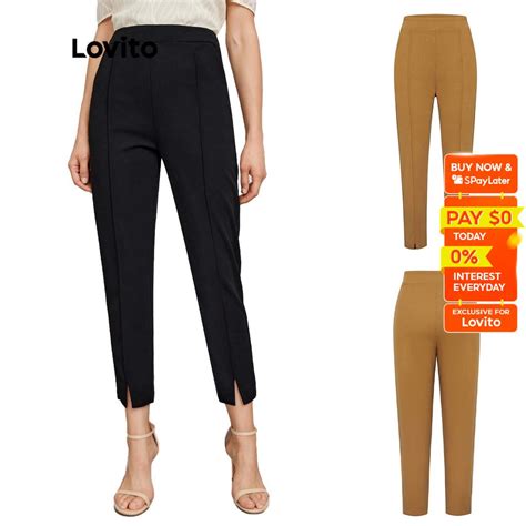 Lovito Elegant Plain Split Front Elastic Waist Stitching With Pocket