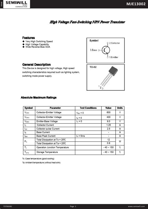 MJE13002 Datasheet PDF (SEMIWELL) - High Voltage Fast-Switching NPN ...