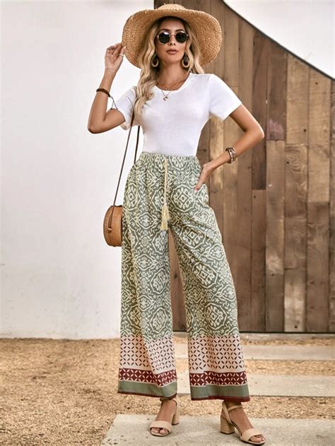 Shein Lune Allover Print Tassel Tie Waist Wide Leg Pants Shein Usa