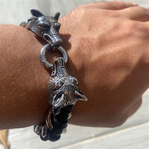 Viking Wolf Head Bracelet Norse Double Wolf Head Tightly Woven Steel