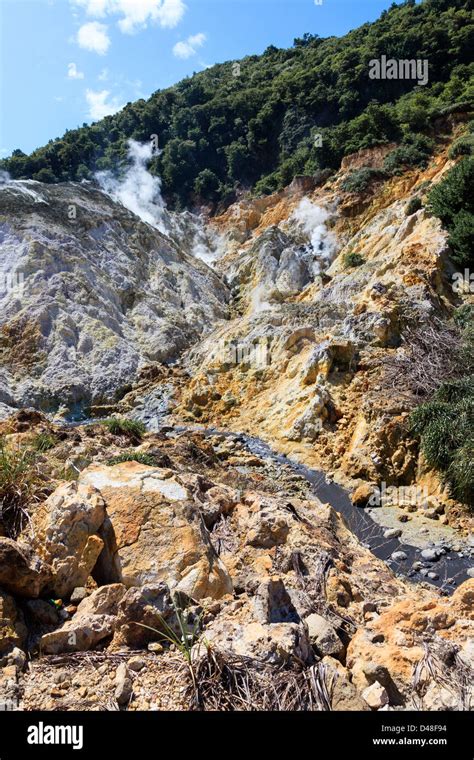 Sulphur springs from the active volcano at La Soufriere, St Lucia Stock ...