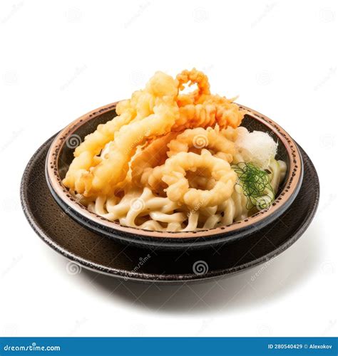 Delicious Japanese Udon Noodles with Crispy Tempura on a Plate. Stock