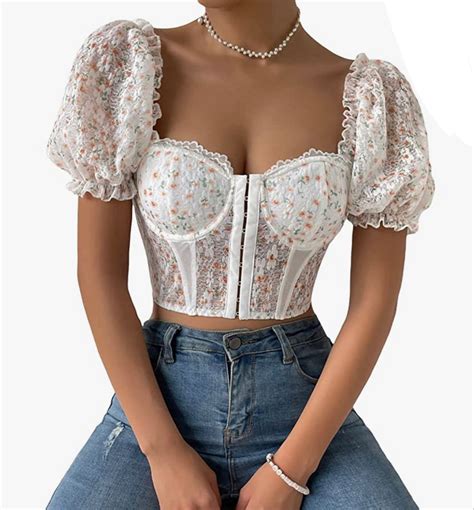 Oyoangle Womens Boho Ditsy Floral Print Sweetheart Neck Short Puff