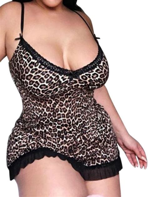 Gorhgorh Plus Size Bobydoll Leopard Print Stitching Lace Sexy Nightdress Womens Plus Lingerie