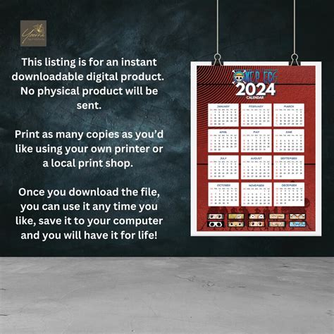 Piece 2024 Printable Calendar Poster Digital Download Anime Wall Calendar Poster Calendar