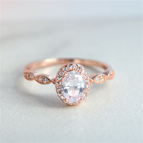 Rose Gold Oval Cut Halo Engagement Ring 14k Rose Gold Vermeil Diamond