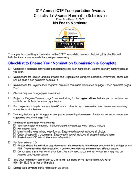 Fillable Online Annual Ctf Transportation Awards Checklist For