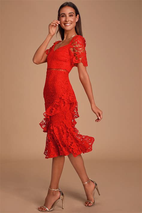 Lovely Red Dress Lace Dress Midi Dress Trumpet Dress Lulus