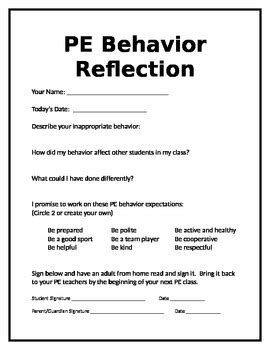 Pe Behavior Reflection Sheet By D Shan Tpt