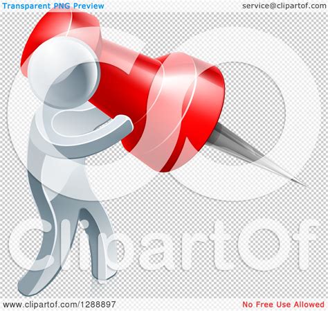 Clipart Of A 3d Silver Man Carrying A Giant Red Pin Royalty Free