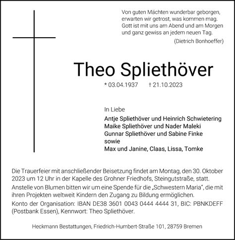 Traueranzeigen von Theo Spliethöver Trauer Gedenken