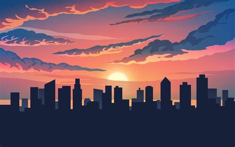 Horizonte de la ciudad con cielo nublado al atardecer | Vector Premium