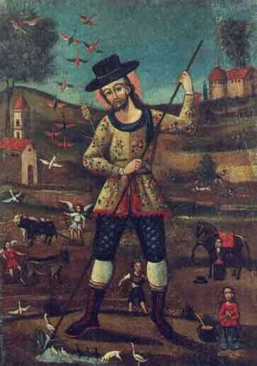 an old painting of a man holding a stick