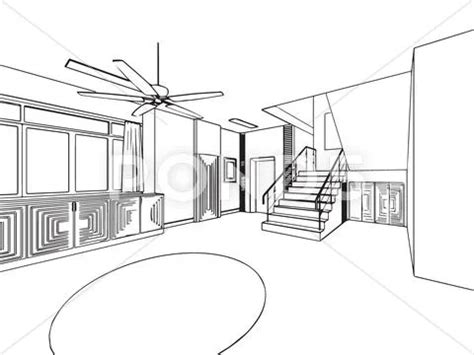 Outline sketch drawing interior perspective of house: Graphic #60040577