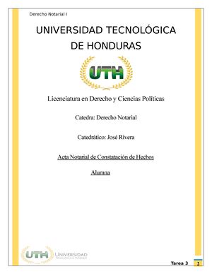 Derecho Notarial Tercer Parcial UNIVERSIDAD TECNOLOGICA DE HONDURAS