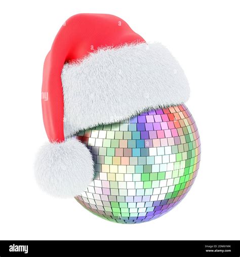 Christmas party concept. Mirror disco ball with red Santa hat, 3D ...